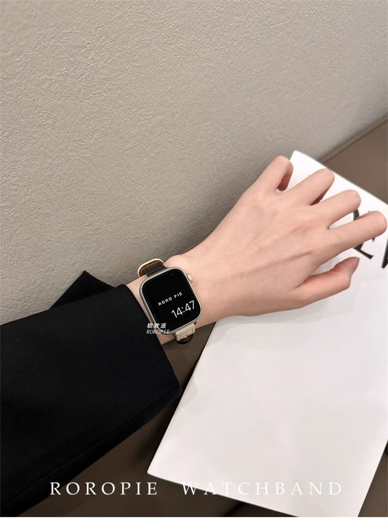 雙釘扣皮質拼色錶帶適用apple watch