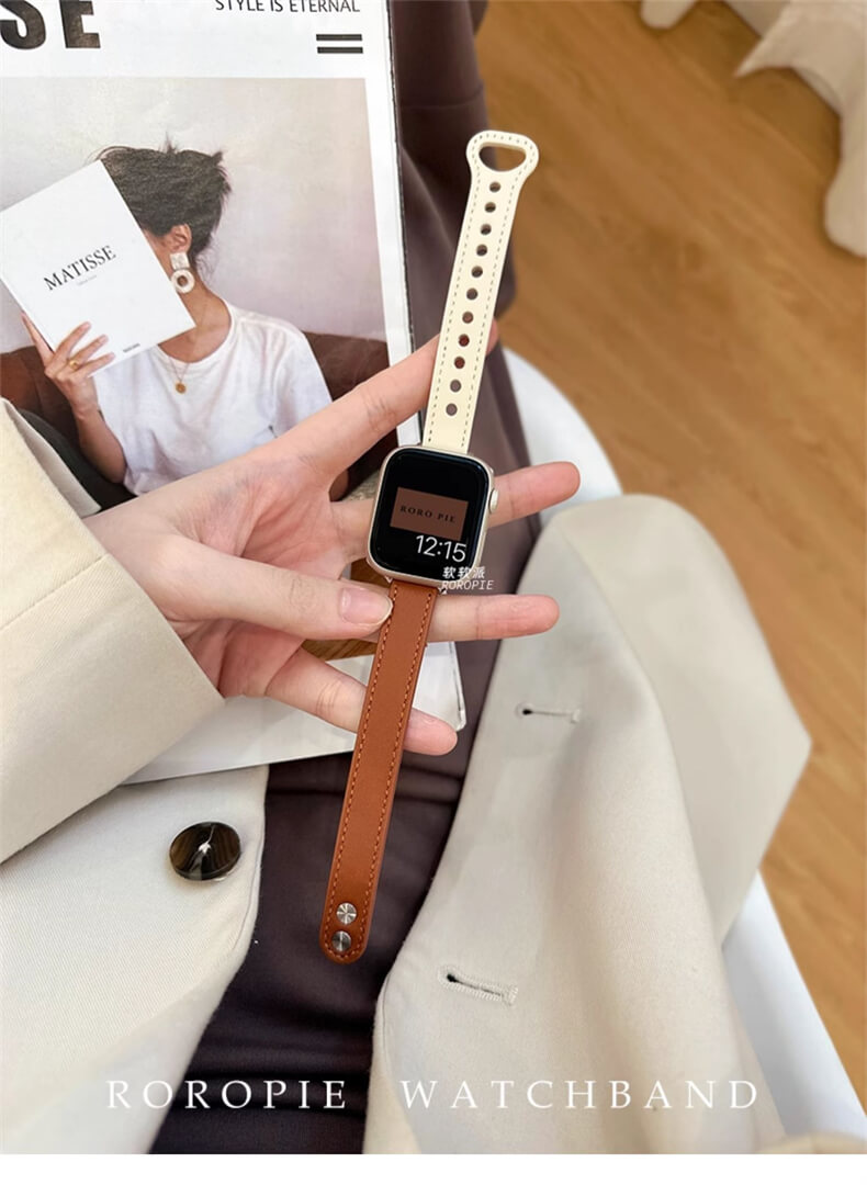 雙釘扣皮質拼色錶帶適用apple watch