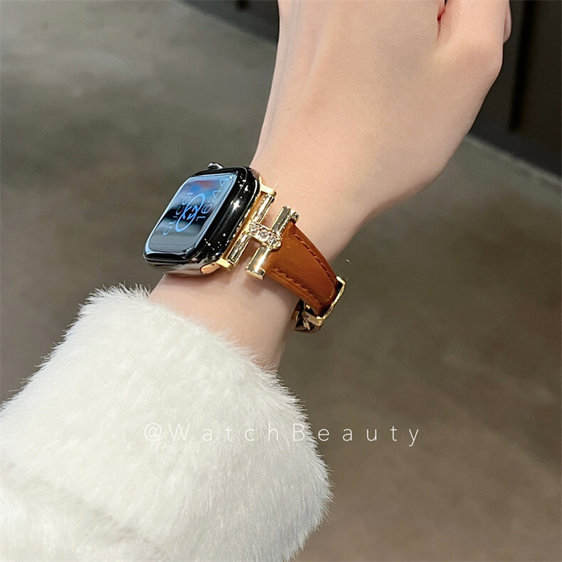 皮質凱旋門鑲鑽蝴蝶扣錶帶適用Apple Watch