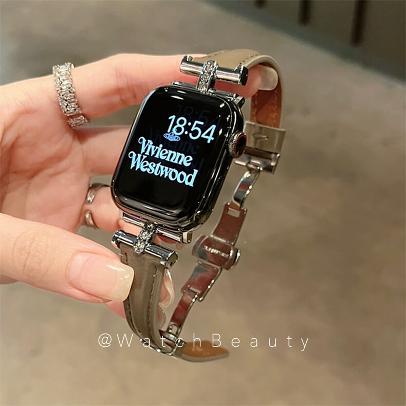 皮質凱旋門鑲鑽蝴蝶扣錶帶適用Apple Watch