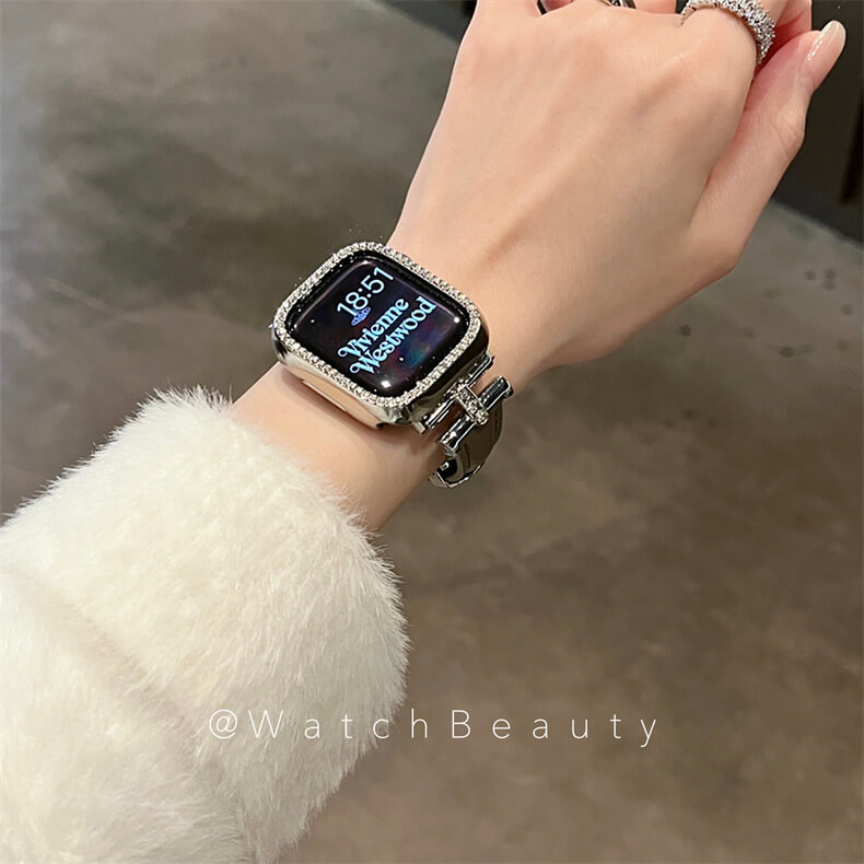 皮質凱旋門鑲鑽蝴蝶扣錶帶適用Apple Watch