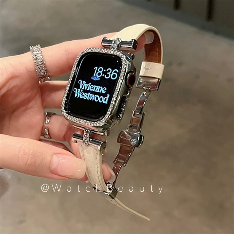 皮質凱旋門鑲鑽蝴蝶扣錶帶適用Apple Watch