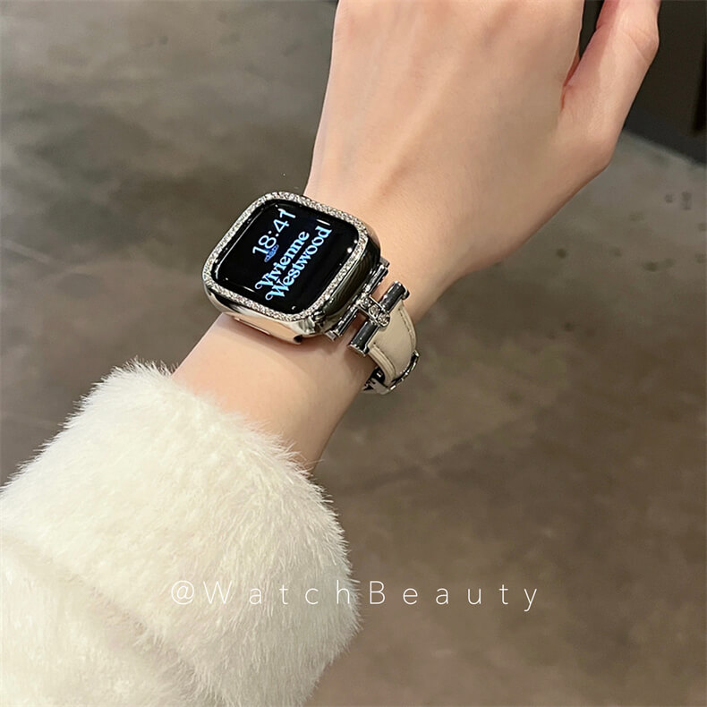 皮質凱旋門鑲鑽蝴蝶扣錶帶適用Apple Watch