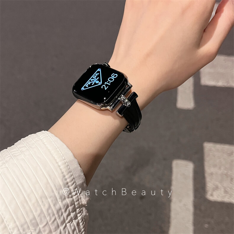 皮質凱旋門鑲鑽蝴蝶扣錶帶適用Apple Watch