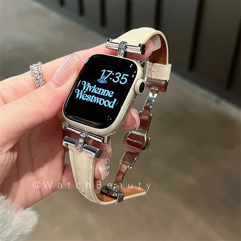 皮質凱旋門鑲鑽蝴蝶扣錶帶適用Apple Watch