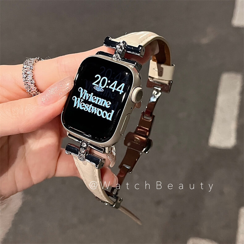 皮質凱旋門鑲鑽蝴蝶扣錶帶適用Apple Watch