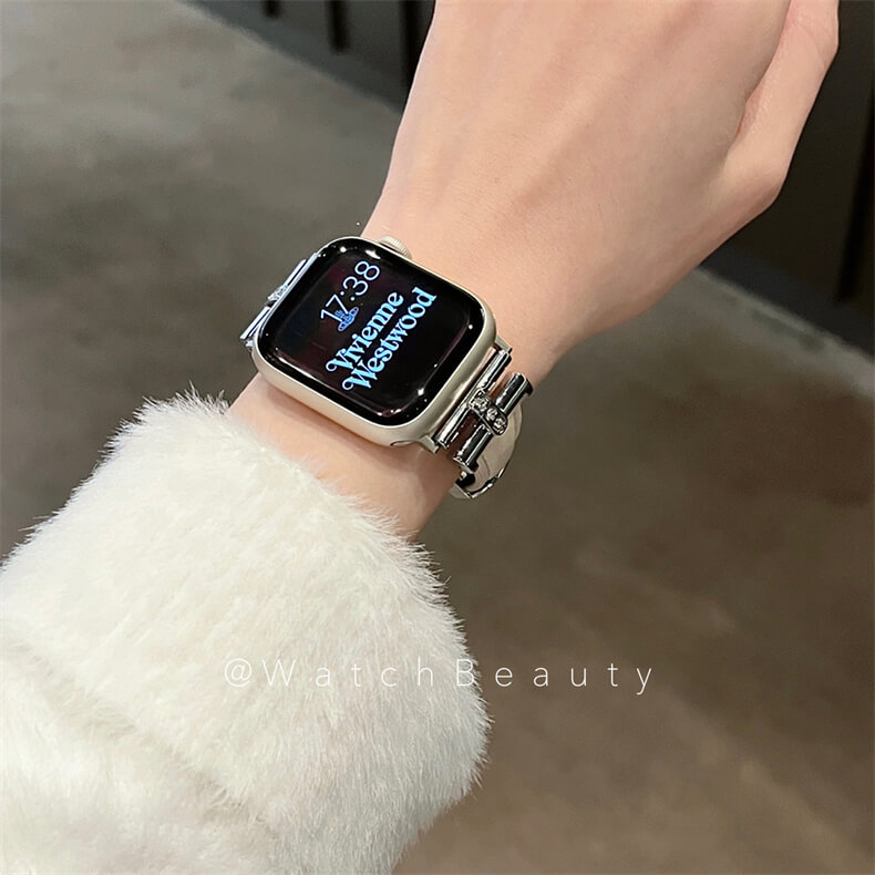 皮質凱旋門鑲鑽蝴蝶扣錶帶適用Apple Watch