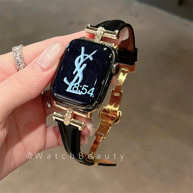 皮質凱旋門鑲鑽蝴蝶扣錶帶適用Apple Watch