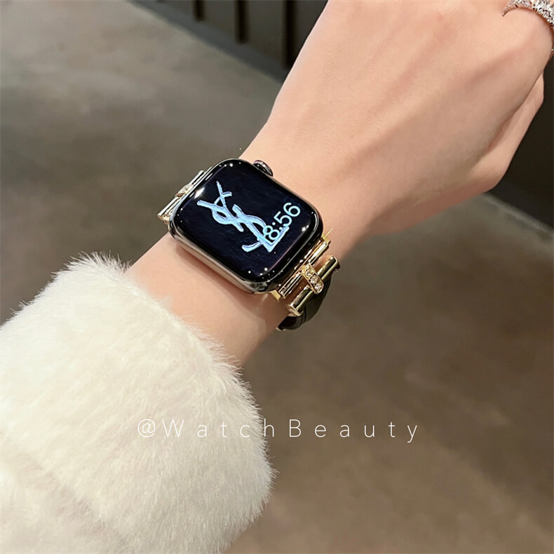 皮質凱旋門鑲鑽蝴蝶扣錶帶適用Apple Watch