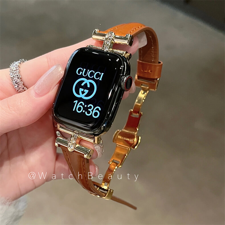 皮質凱旋門鑲鑽蝴蝶扣錶帶適用Apple Watch