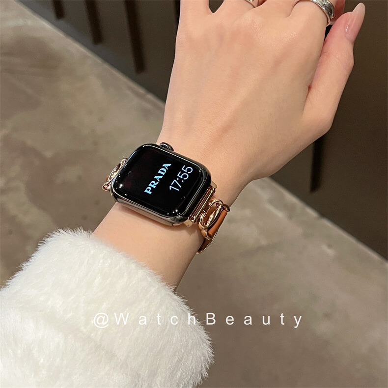 荔枝紋細邊皮質螃蟹扣錶帶適用Apple Watch