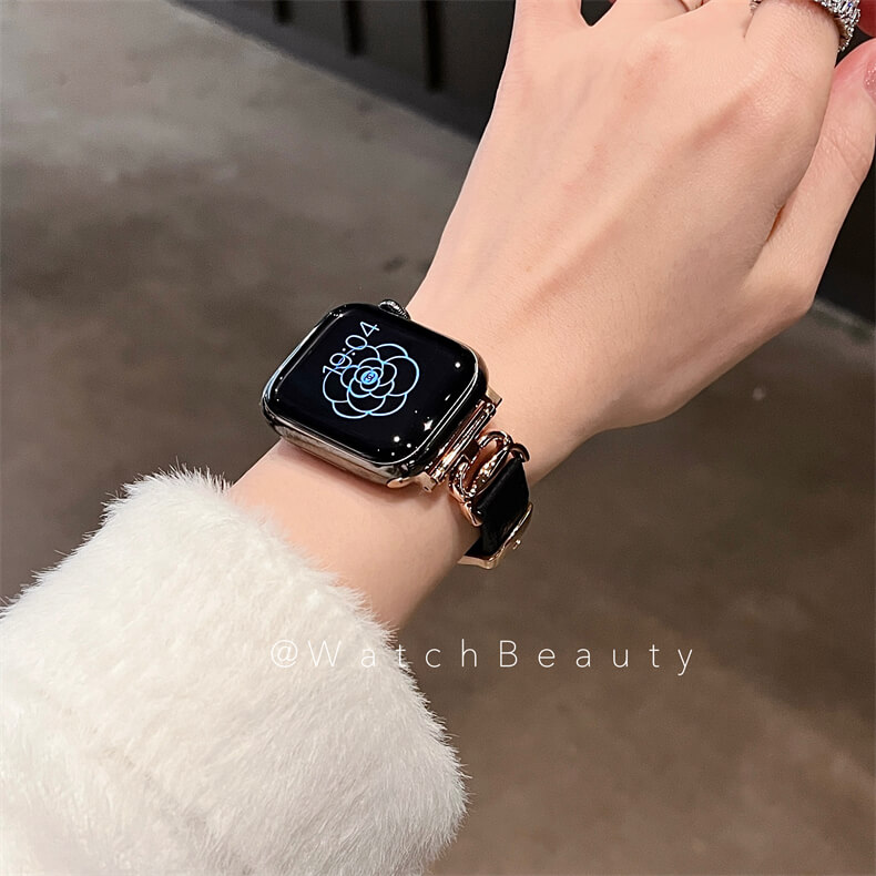 荔枝紋細邊皮質螃蟹扣錶帶適用Apple Watch