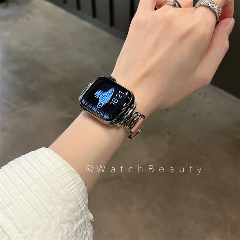 荔枝紋細邊皮質螃蟹扣錶帶適用Apple Watch