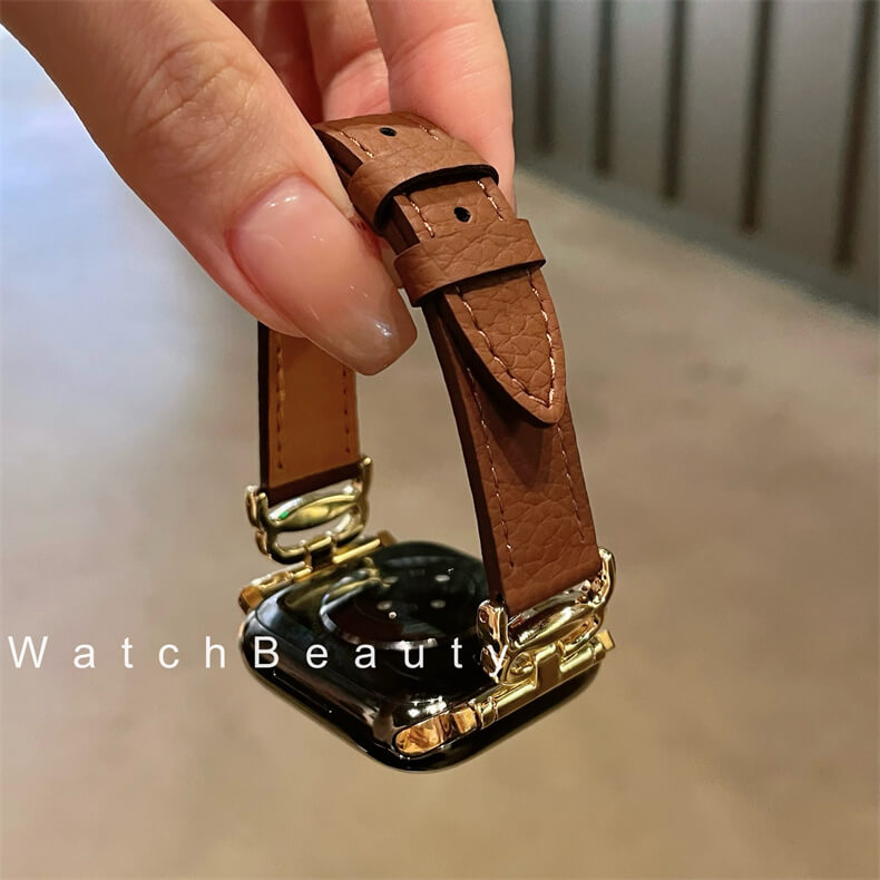 荔枝紋細邊皮質螃蟹扣錶帶適用Apple Watch