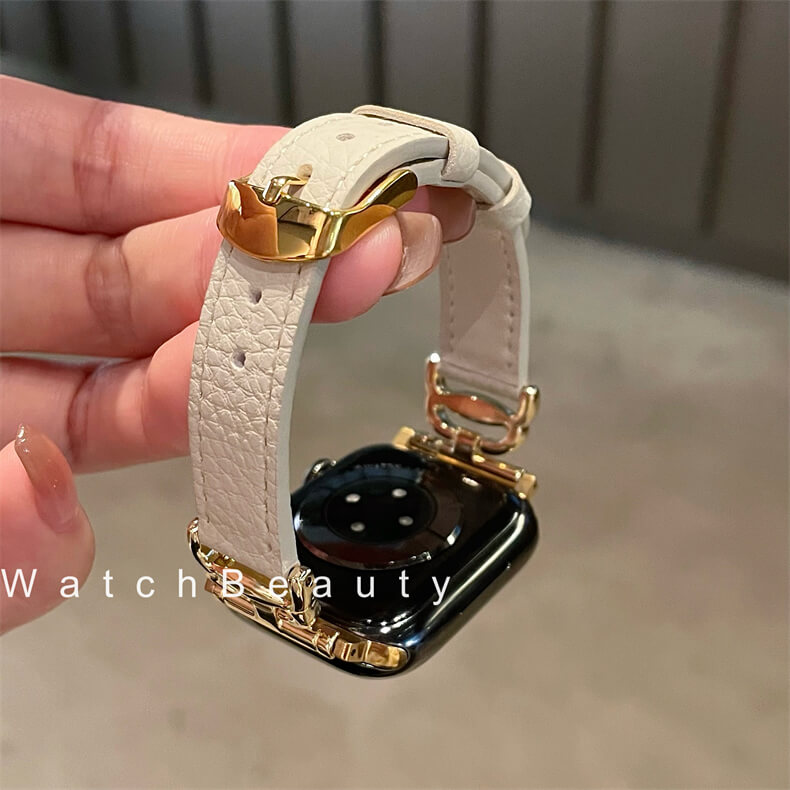 荔枝紋細邊皮質螃蟹扣錶帶適用Apple Watch