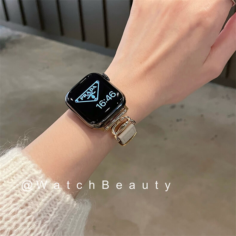 荔枝紋細邊皮質螃蟹扣錶帶適用Apple Watch