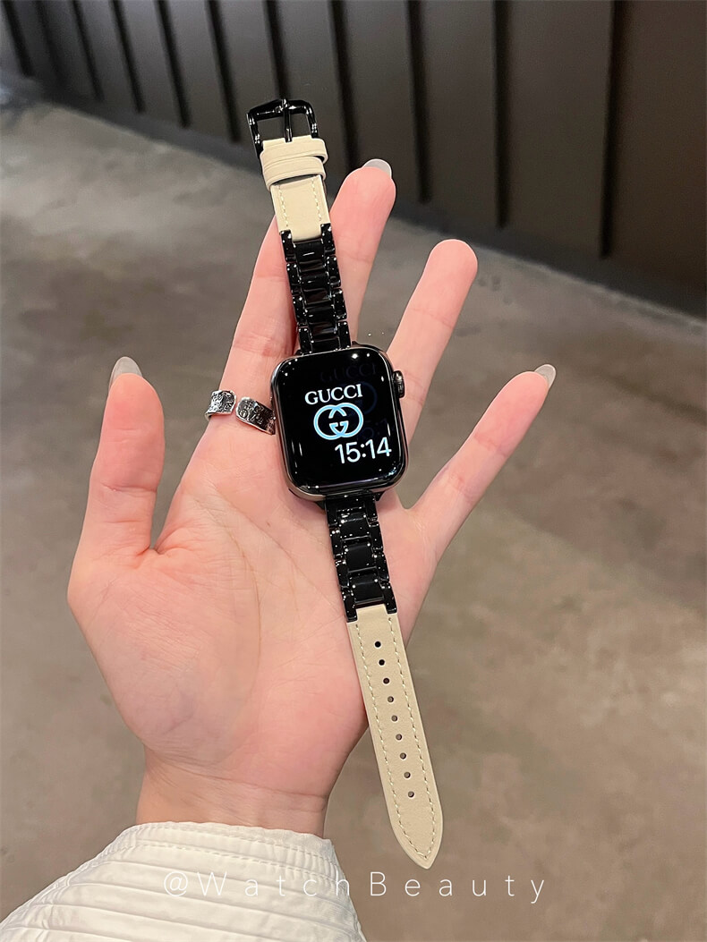 高級感陶瓷拼接皮質錶帶適用apple watch