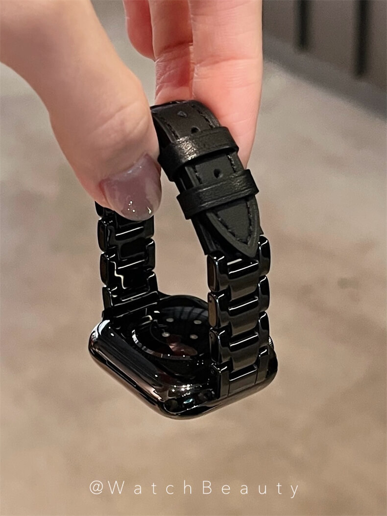 高級感陶瓷拼接皮質錶帶適用apple watch